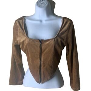 One by One Cropped Top Blouse Women's Size Large Square Neck Long Sleeves Brown